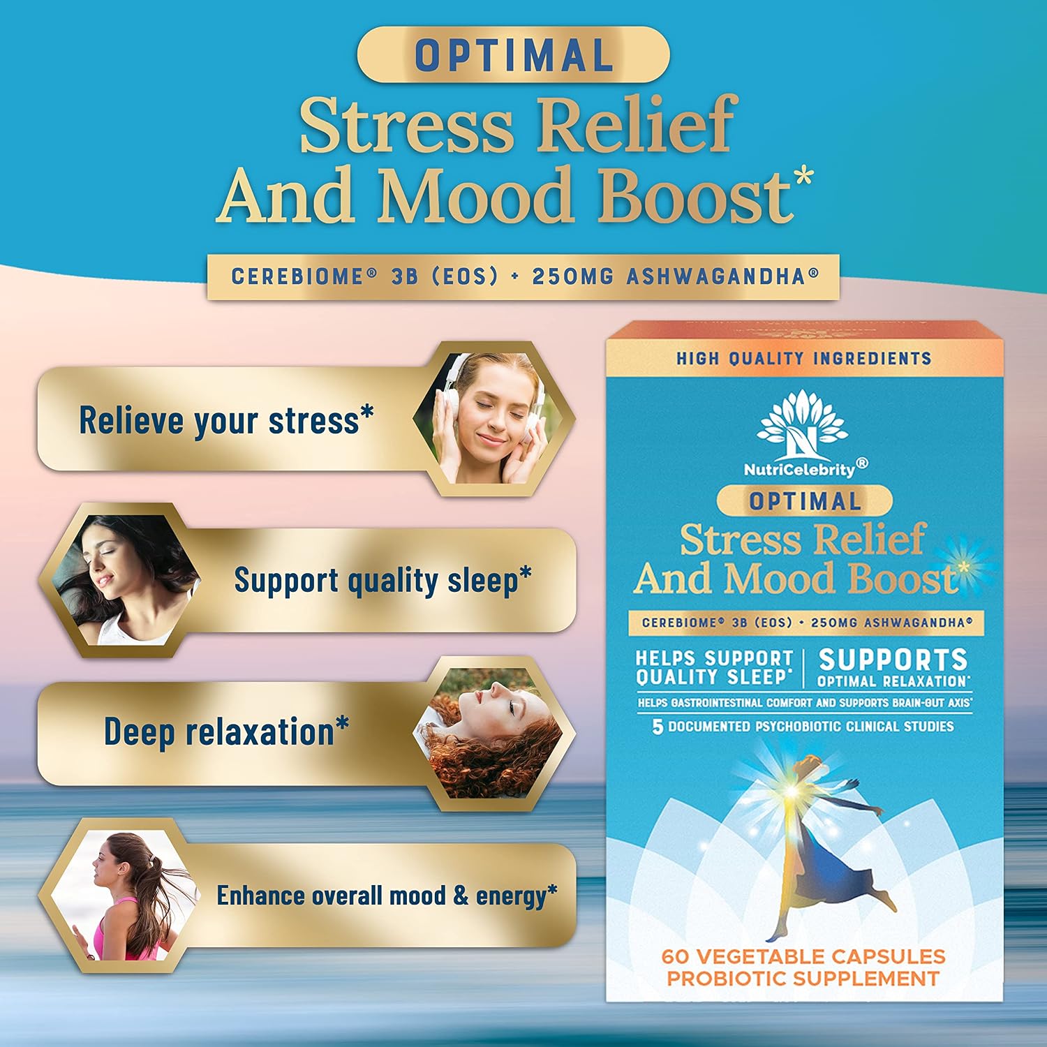 Nutricelebrity Optimal Stress Relief | Ashwagandha y Probióticos | 60 Cápsulas