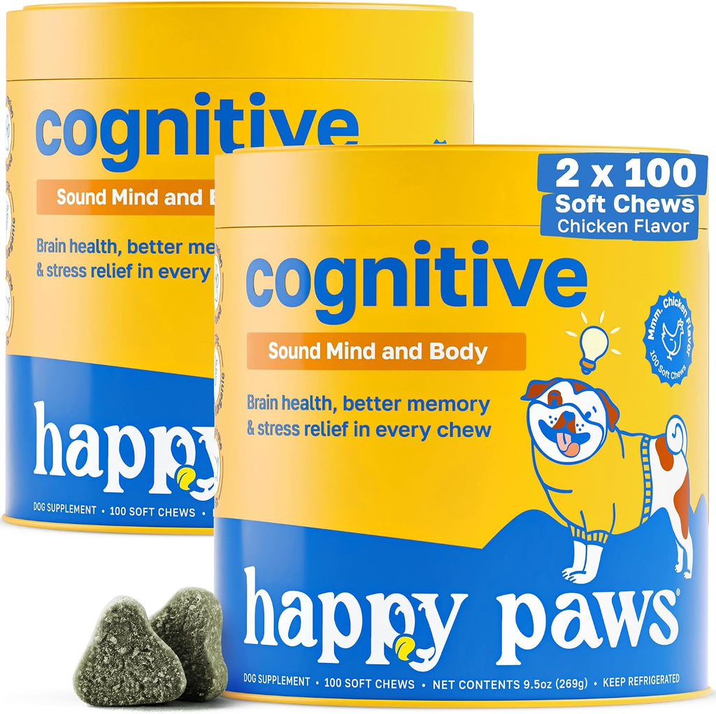 Happy Paws Cognitive Taurine Supplement for Dogs - Soft Chews con Espirulina, CoQ10 y Vitaminas B1, B3, B12