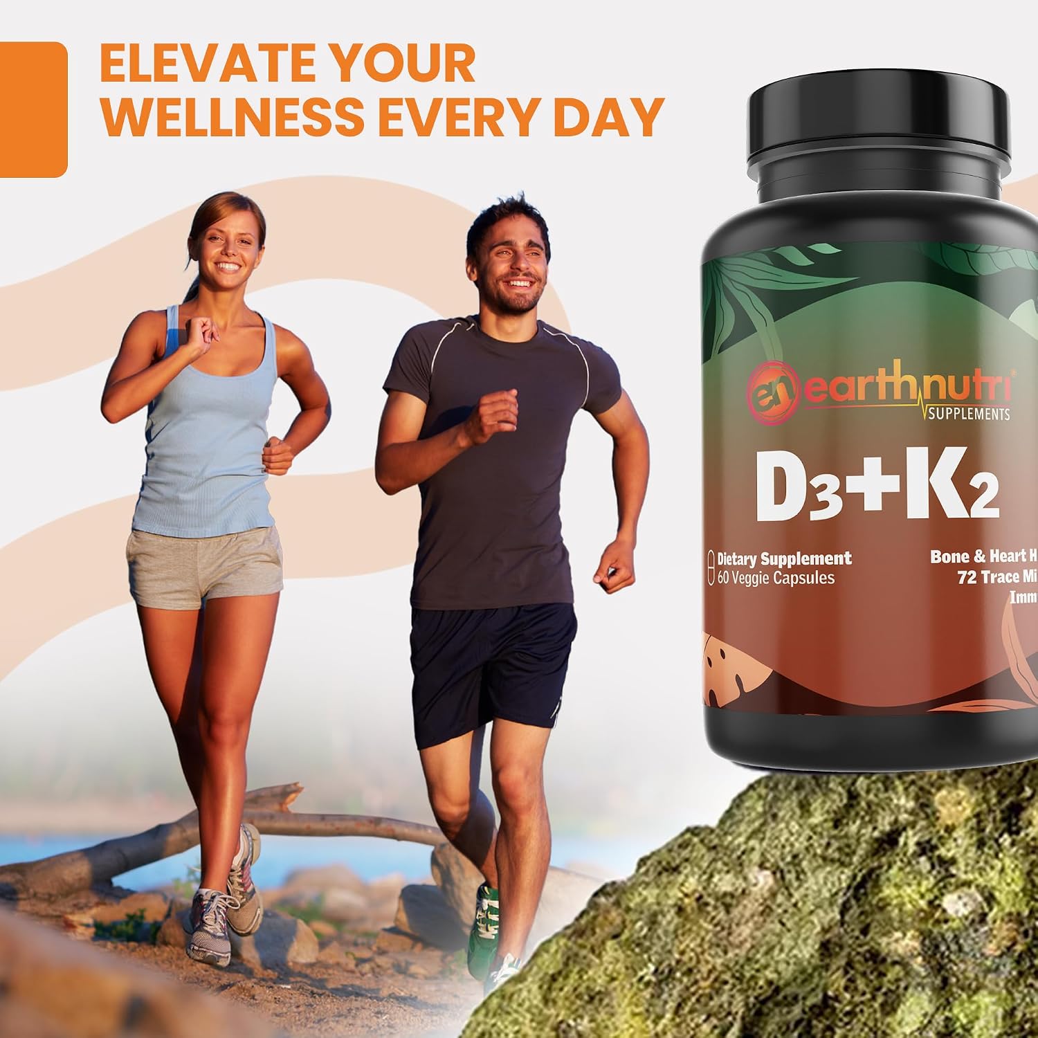 EarthNutri Vitamina D3 + K2 5000 UI con MenaQ7 y Aquamin, 60 Cápsulas
