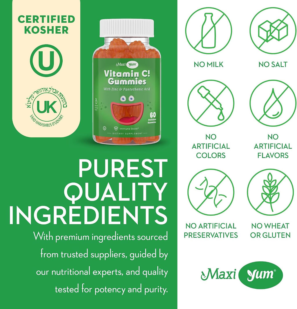 Maxi Health Gominolas de Vitamina C con Zinc - Apoyo Inmunitario - Sin Sabores Artificiales ni Conservantes - 60 Gominolas