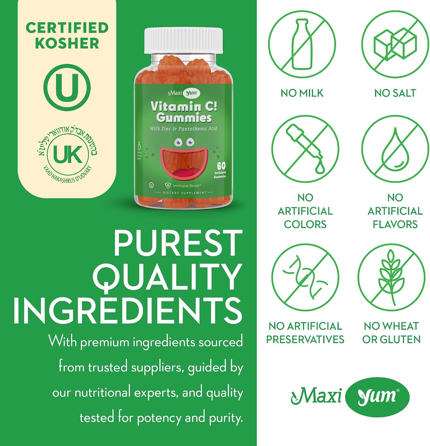 Maxi Health Gominolas de Vitamina C con Zinc - Apoyo Inmunitario - Sin Sabores Artificiales ni Conservantes - 60 Gominolas