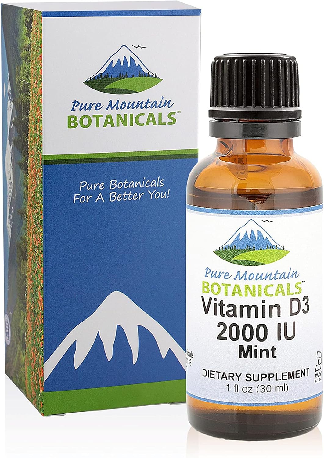 Pure Mountain Botanicals Gotas de Vitamina D3 Líquida – 2000 IU – Sabor a Menta Natural – Aceite MCT – 30 ml