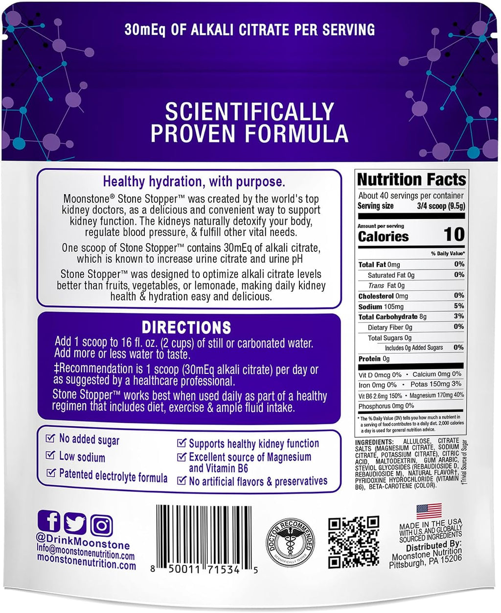 Stone Stopper Drink Mix, Limonada - Suplemento de Citrato Alcalino para la Salud Renal, 30 Dosis