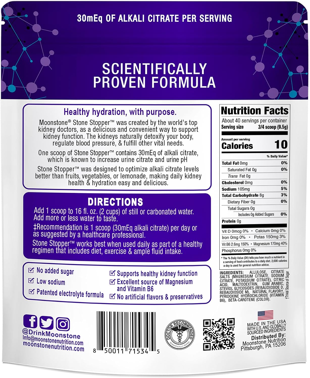 Stone Stopper Drink Mix, Limonada - Suplemento de Citrato Alcalino para la Salud Renal, 30 Dosis
