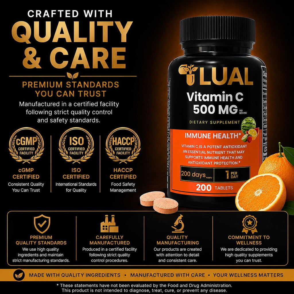 LUAL Vitamina C 500 mg Comprimidos Masticables Sabor Tropical, 200 Unidades