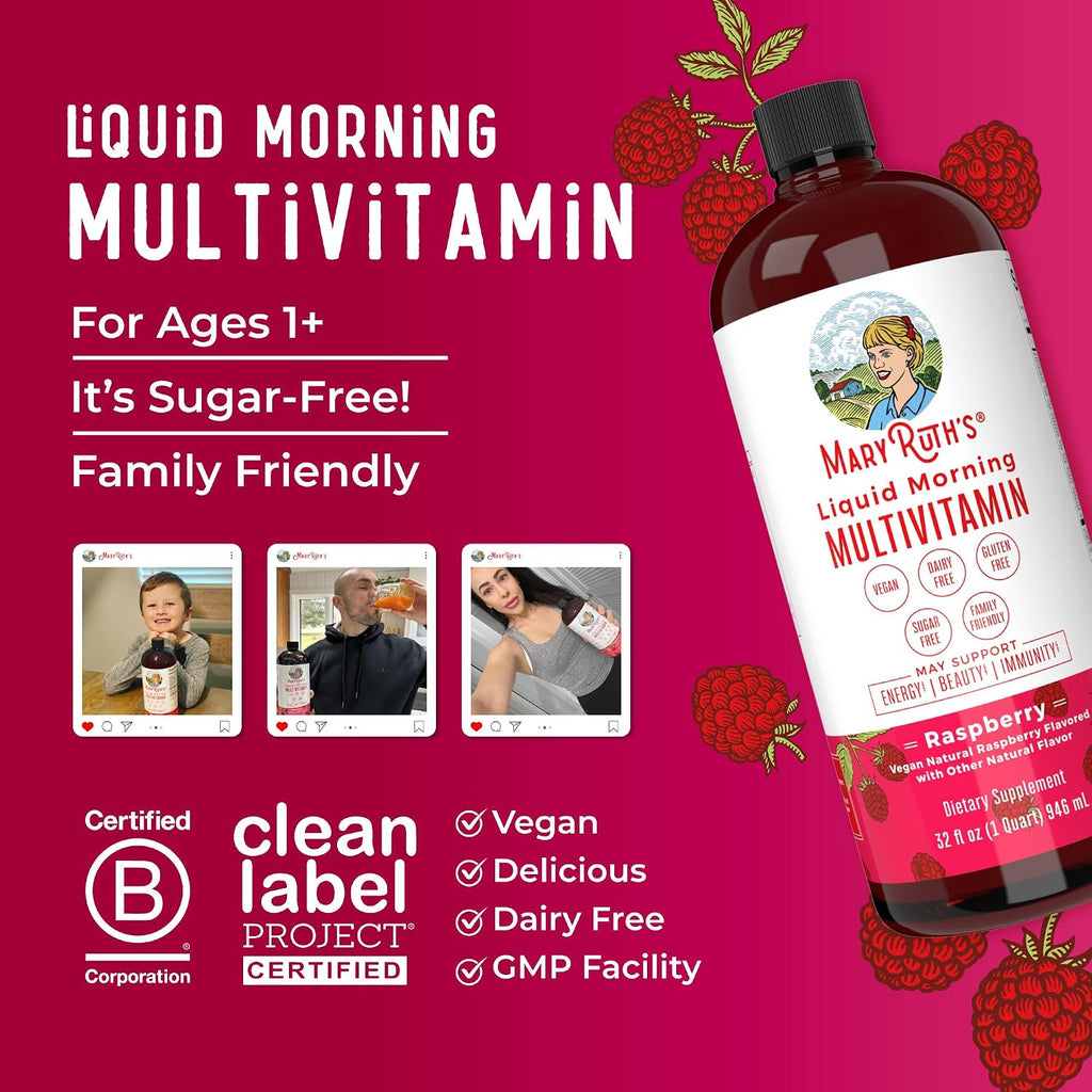 MaryRuth's Multivitamínico Líquido Matutino para Mujeres, Hombres y Niños - Vitaminas A, C, D, E, B6, B12, Biotina, Zinc - Vegano - Sin Gluten - 32 Porciones
