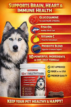 Freydell Pets Suplemento Multivitamínico 10-en-1 para Perros – Glucosamina y Condroitina, Probióticos, Omega-3 para Articulaciones, Digestión y Piel (120 masticables)