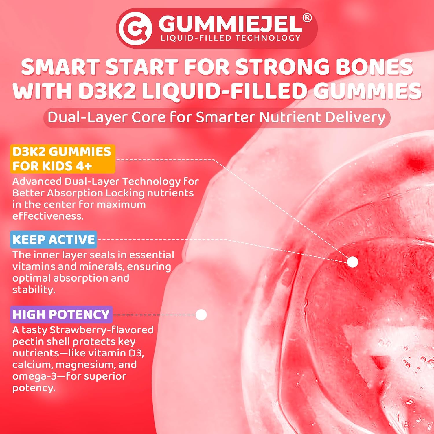 Gominolas líquidas de vitamina D3, K2 y calcio para niños y adolescentes, 1000 UI / 2000 UI D3 con magnesio, omega-3 de algas, vitaminas para huesos y dientes, absorción de calcio, cerebro e inmunidad, sin azúcar, pack de 2