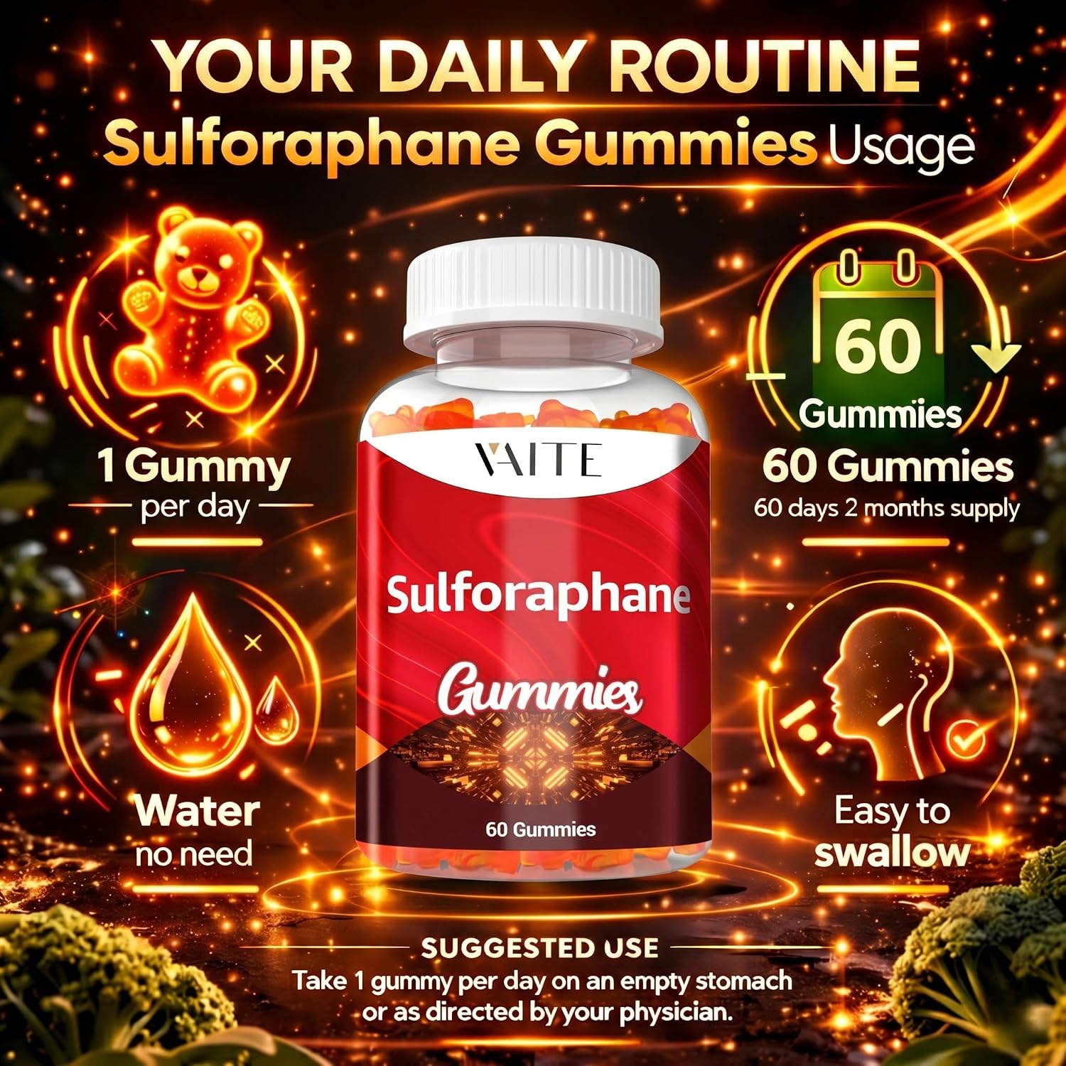 Sulforaphane Glucosinolate Supplement 100mg – Gominolas de Extracto de Semilla de Brócoli, Apoyo Antioxidante, Bienestar General, Energía, Apoyo Inmunitario, No Transgénico, Sin Gluten, para Hombres y Mujeres, 60 Gominolas