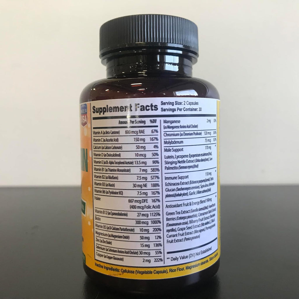 Bradeson Naturals Multivitamínico para Hombres con Vitaminas A, C, D, E, B12, Zinc, Calcio y Magnesio - 60 Cápsulas Veganas