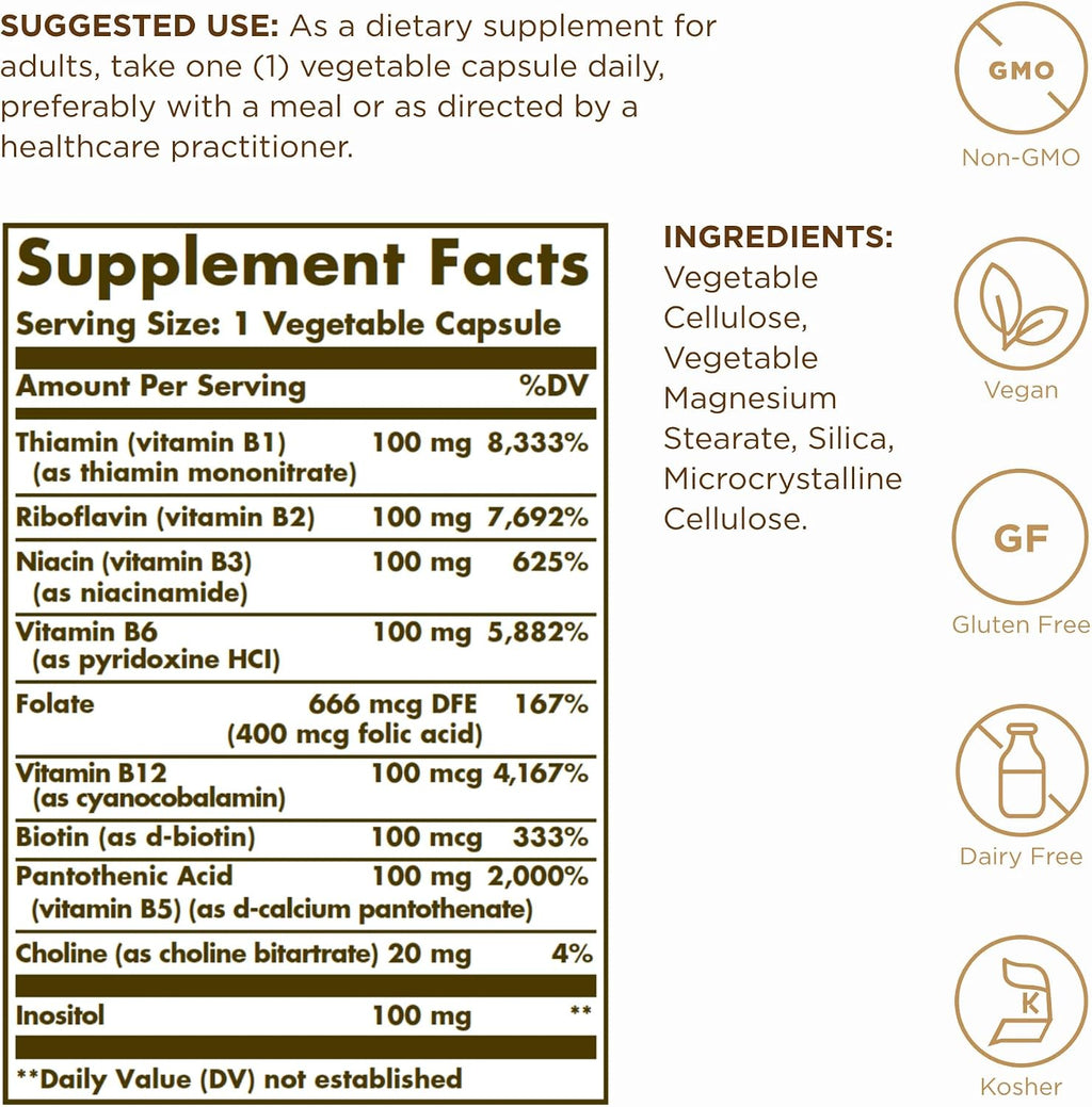 Solgar B-Complex 100 - 50 Cápsulas Vegetales - Metabolismo Energético, Apoyo al Sistema Nervioso - No Transgénico, Vegano, Sin Gluten - 50 Dosis