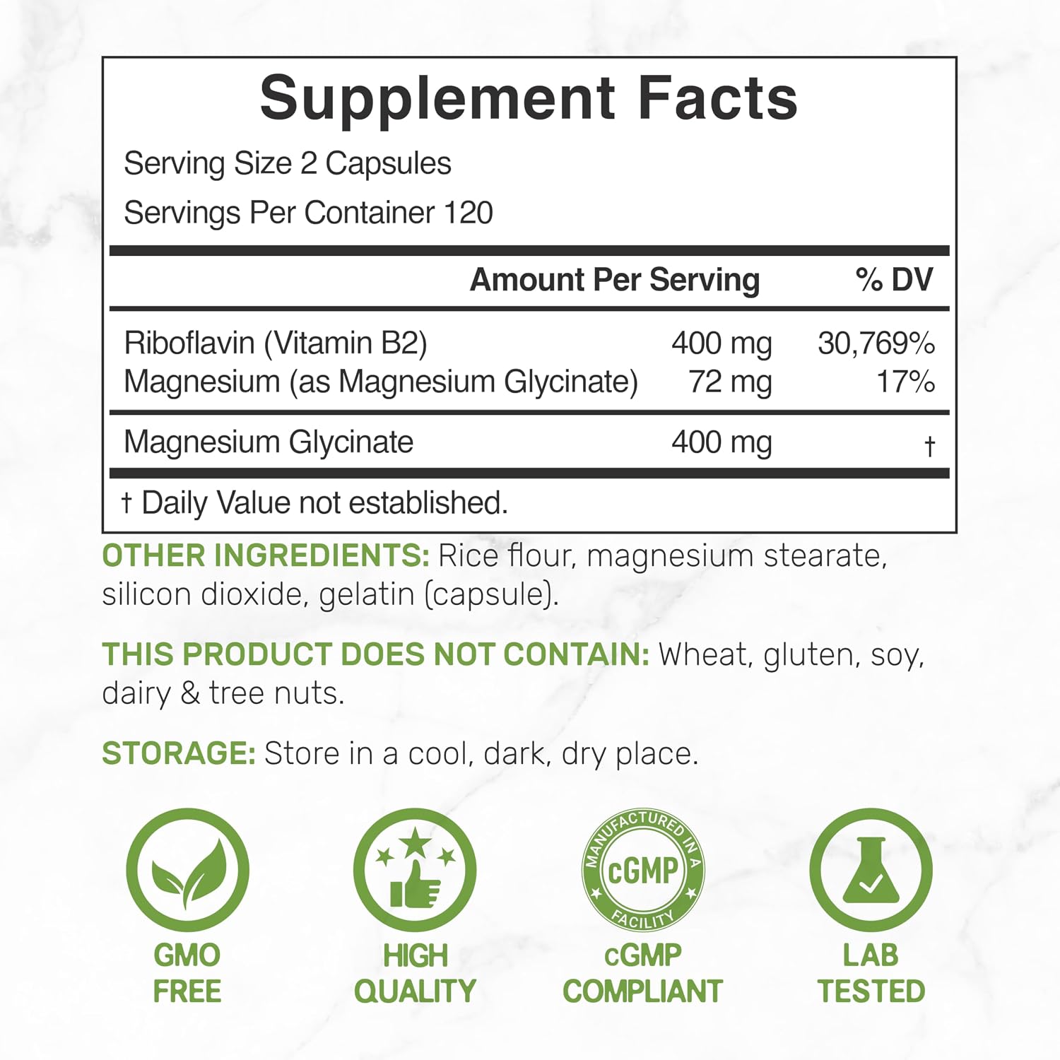DEAL SUPPLEMENT Vitamina B2 400mg con Magnesio Glicinato 400mg, 240 Cápsulas