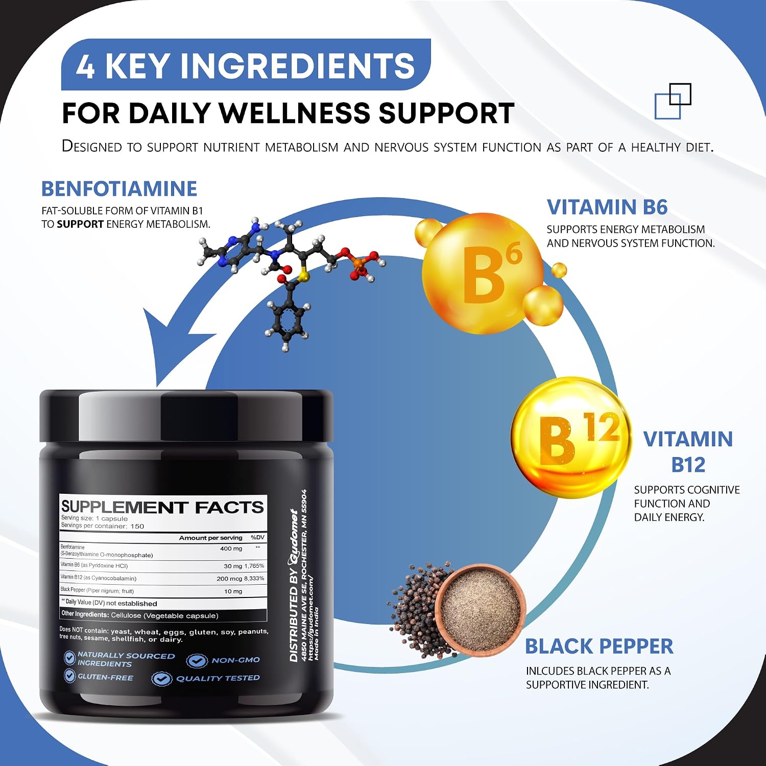Benfotiamina con Vitaminas B6, B12 y Pimienta Negra – 150 Cápsulas