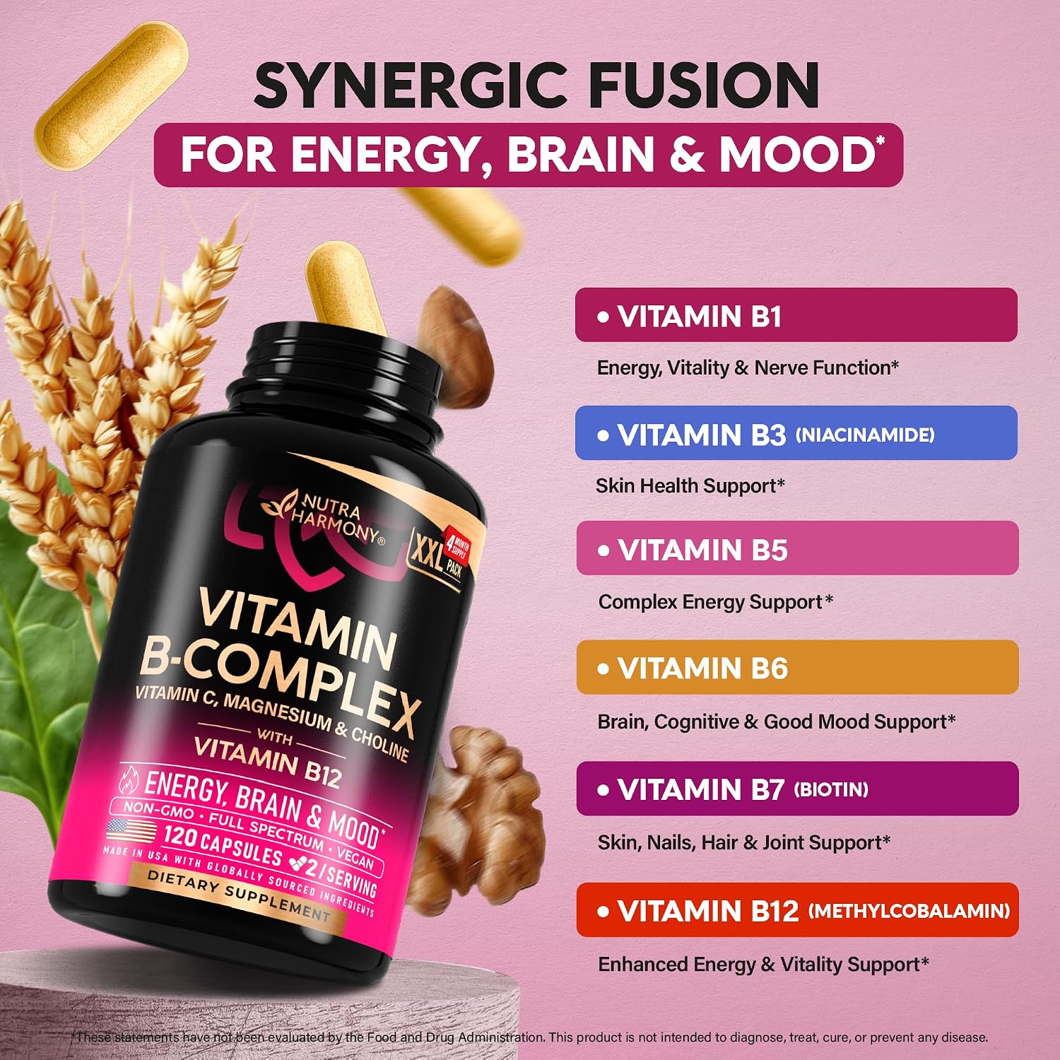 NUTRAHARMONY Complejo de Vitamina B con Riboflavina B2, B12, B1, B3, B5, B6, B7, B8, B9, Vitamina C, Colina, Inositol – 120 Cápsulas Veganas