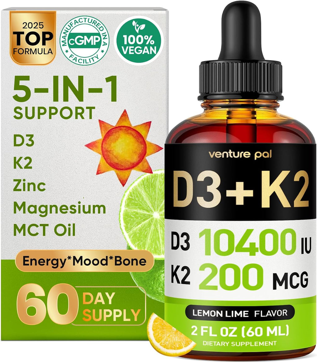 5-in-1 Vitamin D3 K2 Drops - Vitamina D3 10000 UI y K2 (MK-7) 200 mcg con Magnesio, Zinc y MCT Oil - 60 ml, 60 Días