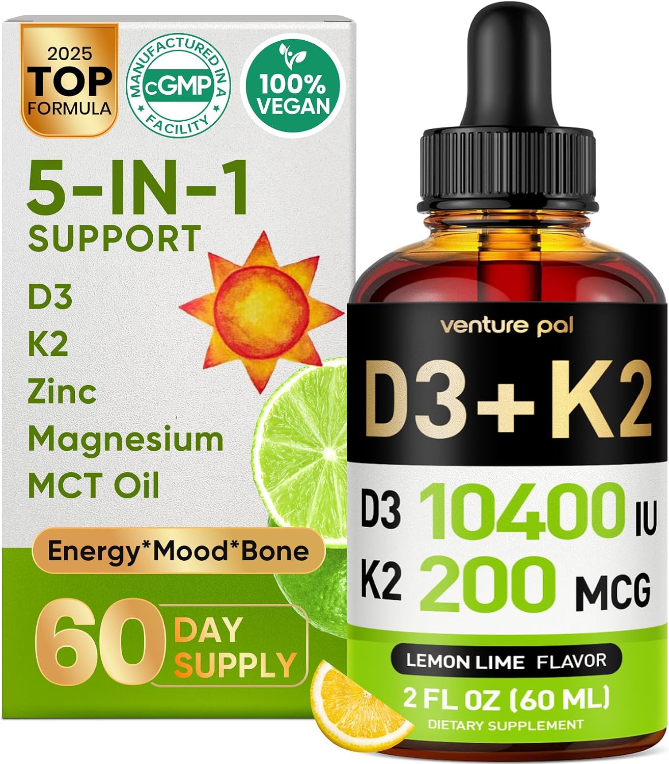 5-in-1 Vitamin D3 K2 Drops - Vitamina D3 10000 UI y K2 (MK-7) 200 mcg con Magnesio, Zinc y MCT Oil - 60 ml, 60 Días