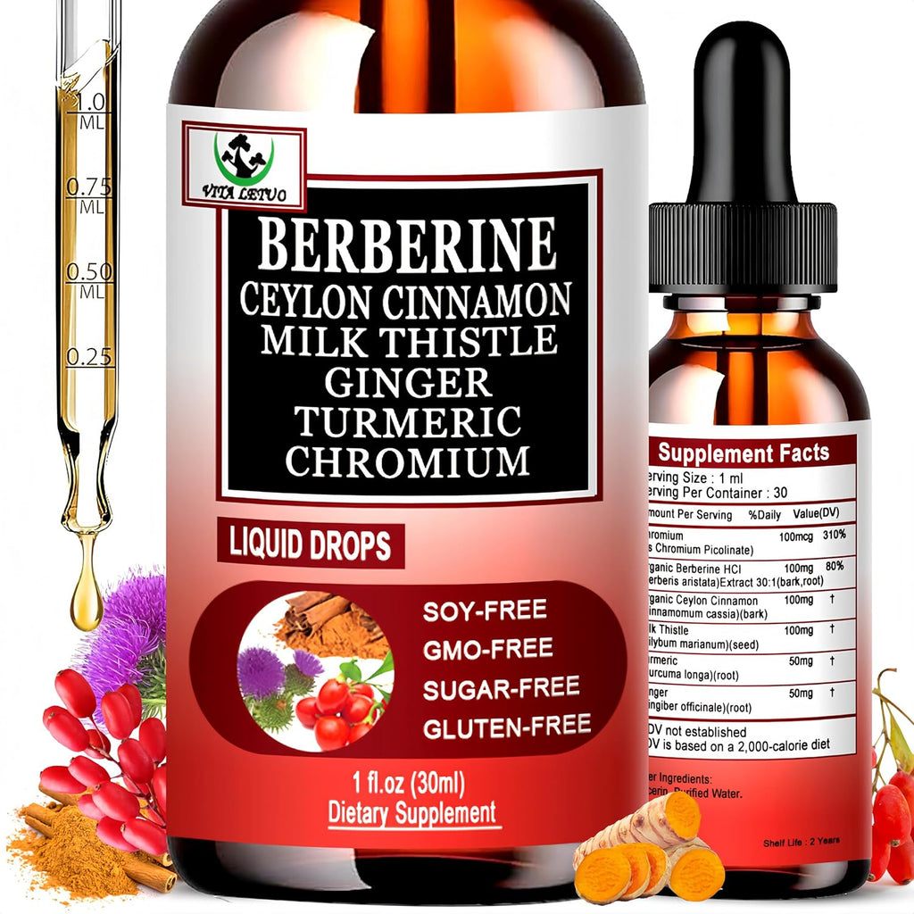 Berberine Drops 6-en-1 de Vita letuo - Complejo Líquido de Berberina con Canela, Cardo Mariano y Cúrcuma, 30 Dosis
