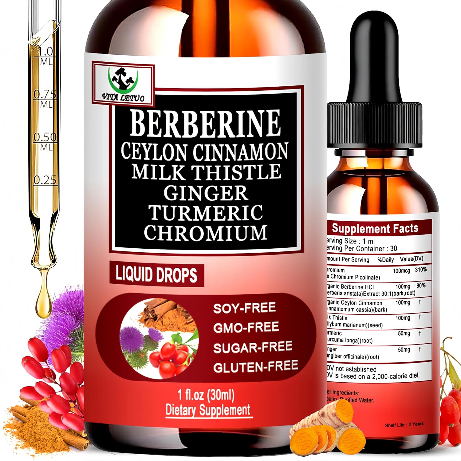 Berberine Drops 6-en-1 de Vita letuo - Complejo Líquido de Berberina con Canela, Cardo Mariano y Cúrcuma, 30 Dosis