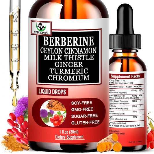 Berberine Drops 6-en-1 de Vita letuo - Complejo Líquido de Berberina con Canela, Cardo Mariano y Cúrcuma, 30 Dosis
