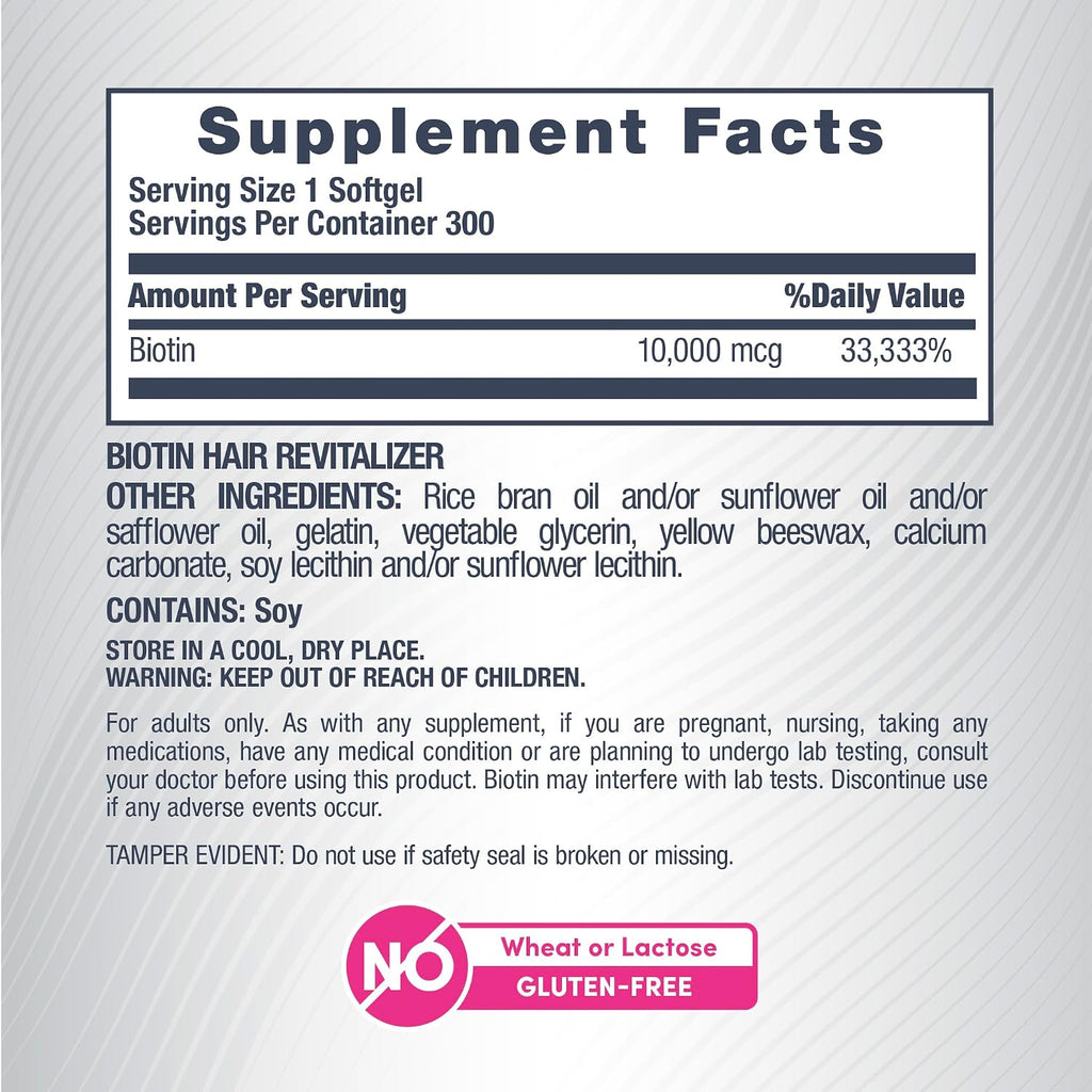 NeoCell Biotin Hair Revitalizer 10000 mcg | 300 Cápsulas blandas | Fórmula nutritiva diaria | Para mujeres y hombres | Complemento para cabello, piel y uñas
