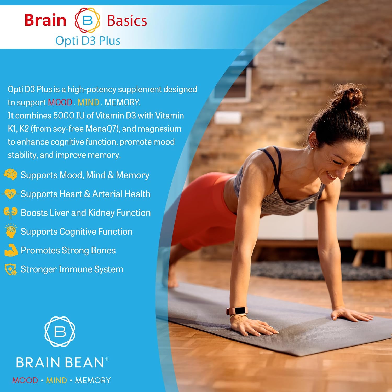 Brain Basic Opti D3 Plus - Vitamina D3 5000 UI con K1, K2 y Magnesio - Apoyo para Huesos, Músculos e Inmunidad