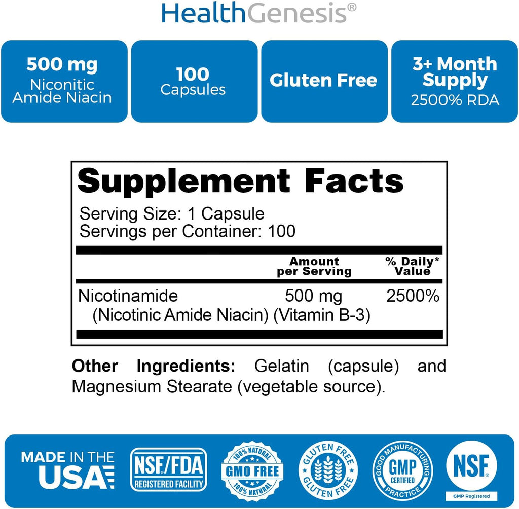 Health Genesis B-3 Nicotinamida 500 mg, 100 Cápsulas - Sin Rubor