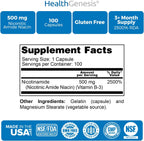 Health Genesis B-3 Nicotinamida 500 mg, 100 Cápsulas - Sin Rubor