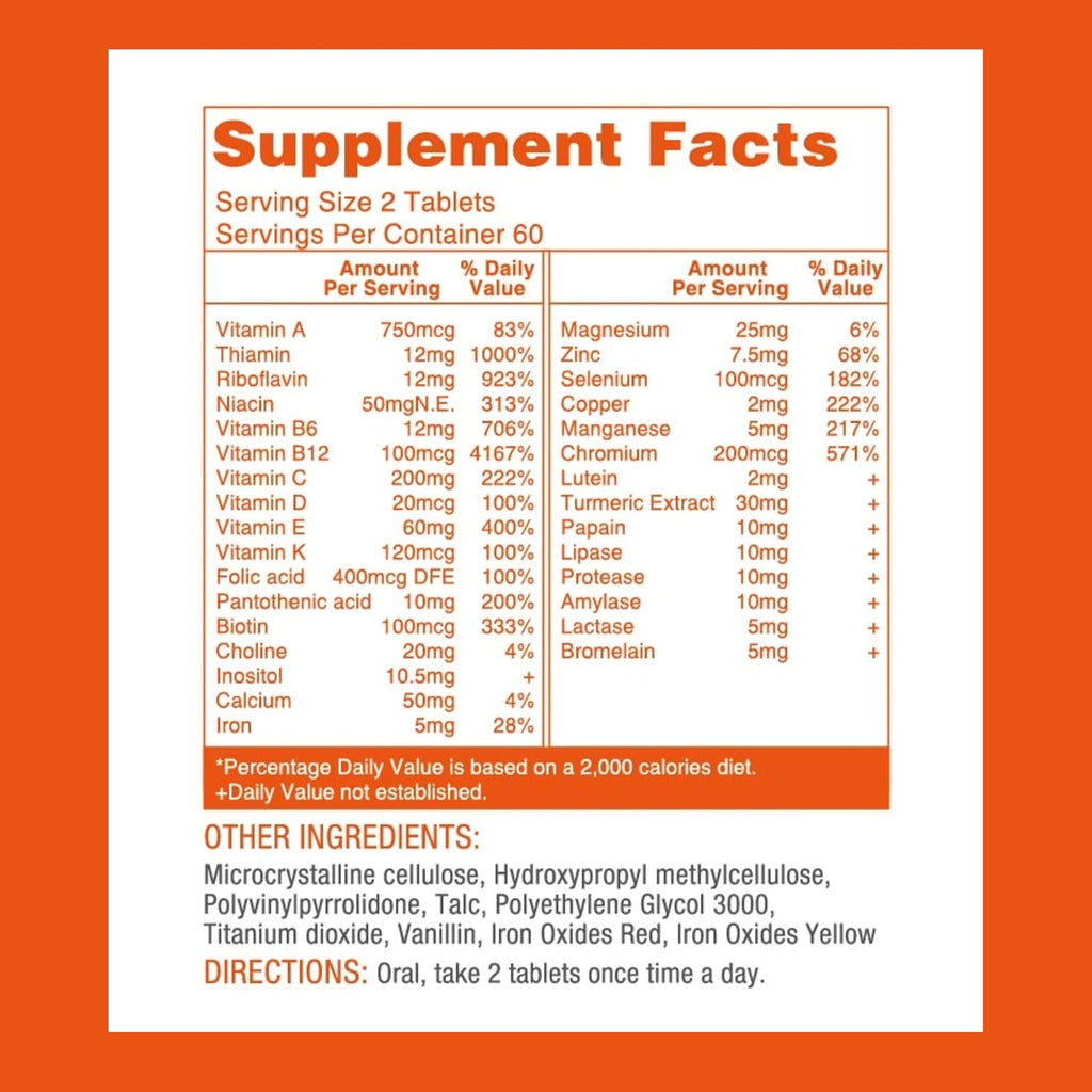 LOVITA Multivitamínico Premium para Adultos 30+ con Enzimas, Cúrcuma y Apoyo Nutricional Integral - 120 Comprimidos Vegetarianos