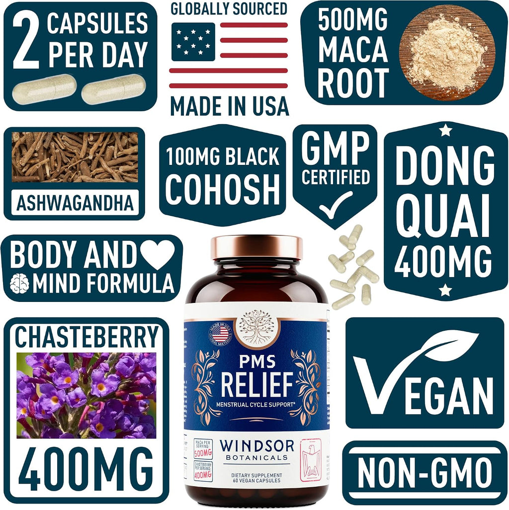 Suplemento para el Síndrome Premenstrual con Chasteberry, Maca y Ashwagandha - Alivio del Período, Hinchazón, Apoyo al Estado de Ánimo, Equilibrio Hormonal - 60 Cápsulas Veganas