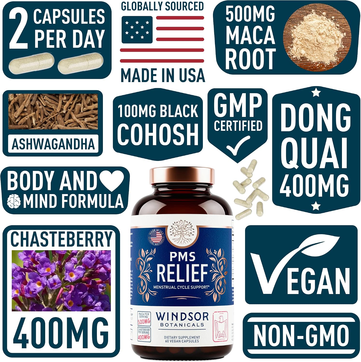 Suplemento para el Síndrome Premenstrual con Chasteberry, Maca y Ashwagandha - Alivio del Período, Hinchazón, Apoyo al Estado de Ánimo, Equilibrio Hormonal - 60 Cápsulas Veganas