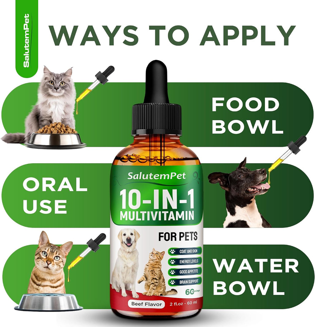 Multivitamínico Líquido para Perros y Gatos 10 en 1 - Vitaminas C, D3, Grupo B, Glucosamina, Arándano - Sabor a Carne - 60 ml
