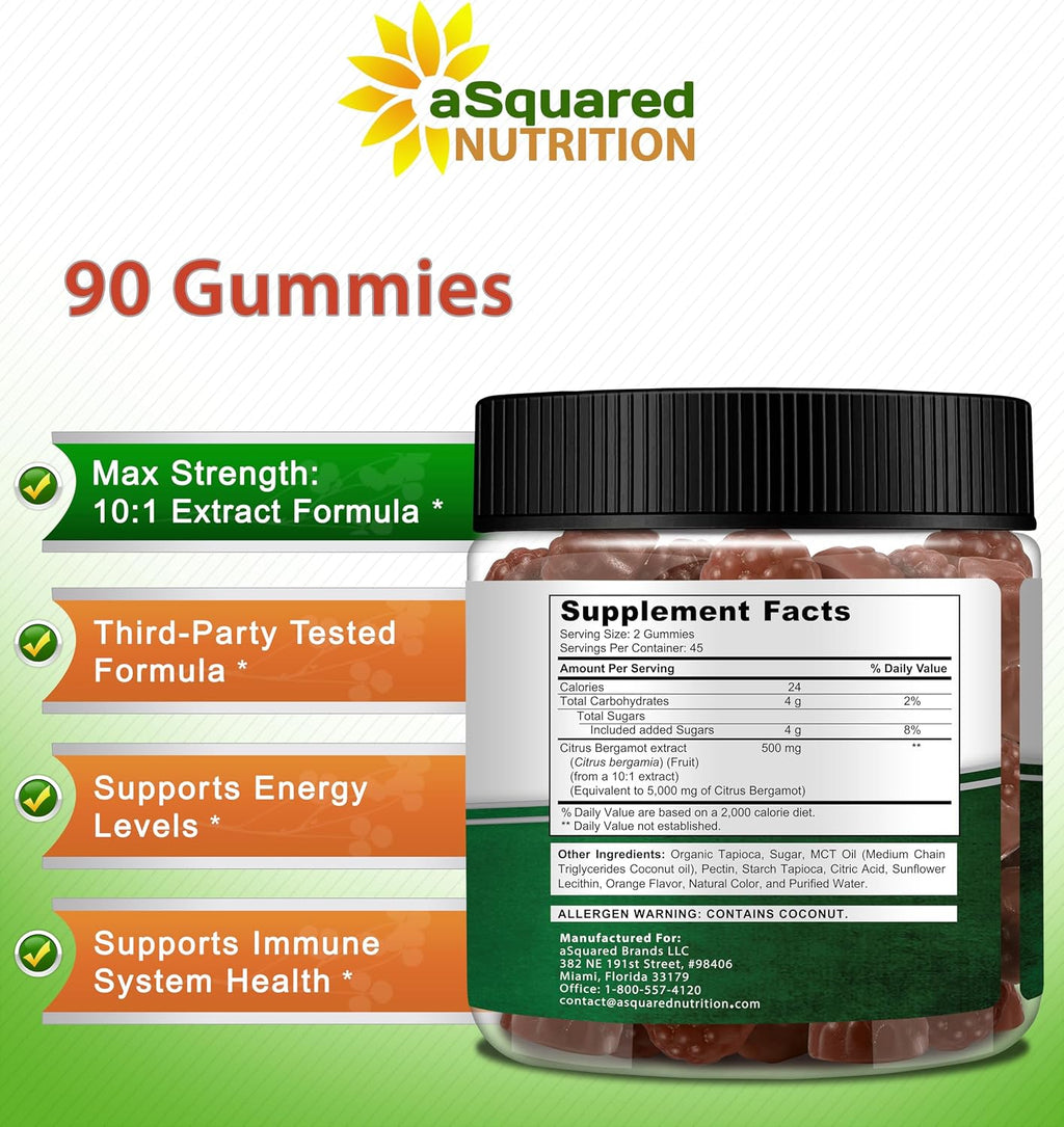 Gominolas de Bergamota Cítrica aSquared Nutrition - 500mg de Extracto por Ración - Alternativa Pura en Gominola a Cápsulas y Pastillas