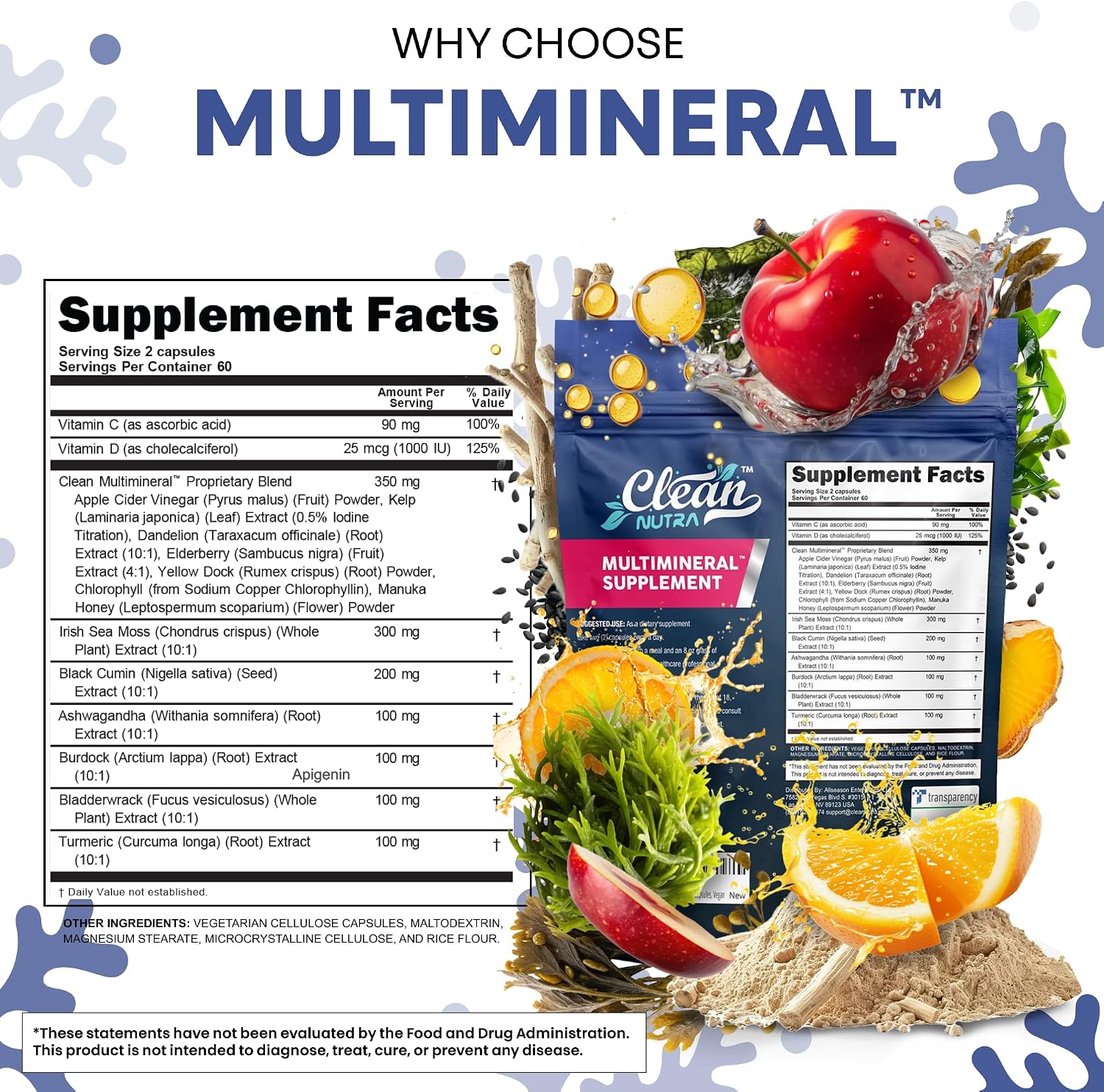 Clean Nutraceuticals Sea Moss Black Seed Oil Ashwagandha Turmeric Bladderwrack Burdock con Vitamina C y D3, 120 cápsulas