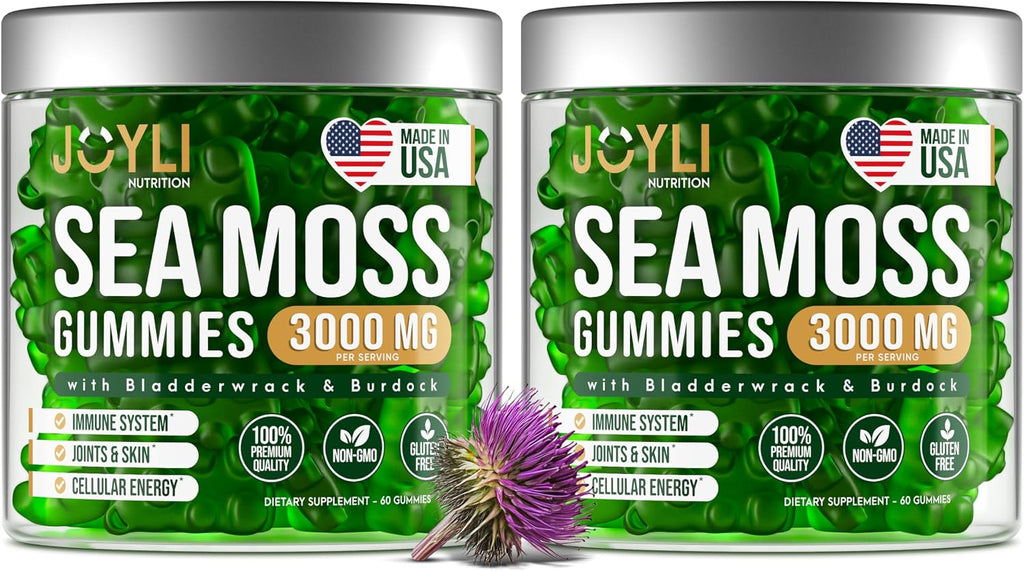 JOYLI Nutrition - Gominolas de Sea Moss para Adultos y Niños – Suplemento Vegano con Bladderwrack y Burdock Root – Sin Azúcar – 2 Paquetes de 60 Gominolas