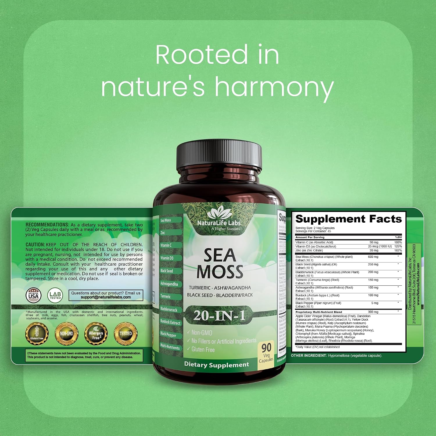 Sea Moss, Aceite de Semilla Negra, Bladderwrack, Cúrcuma, Ashwagandha, Bardana, Vitamina C, D3, Raíz de Yellow Dock, Manuka, Diente de León - 90 Cápsulas Veganas