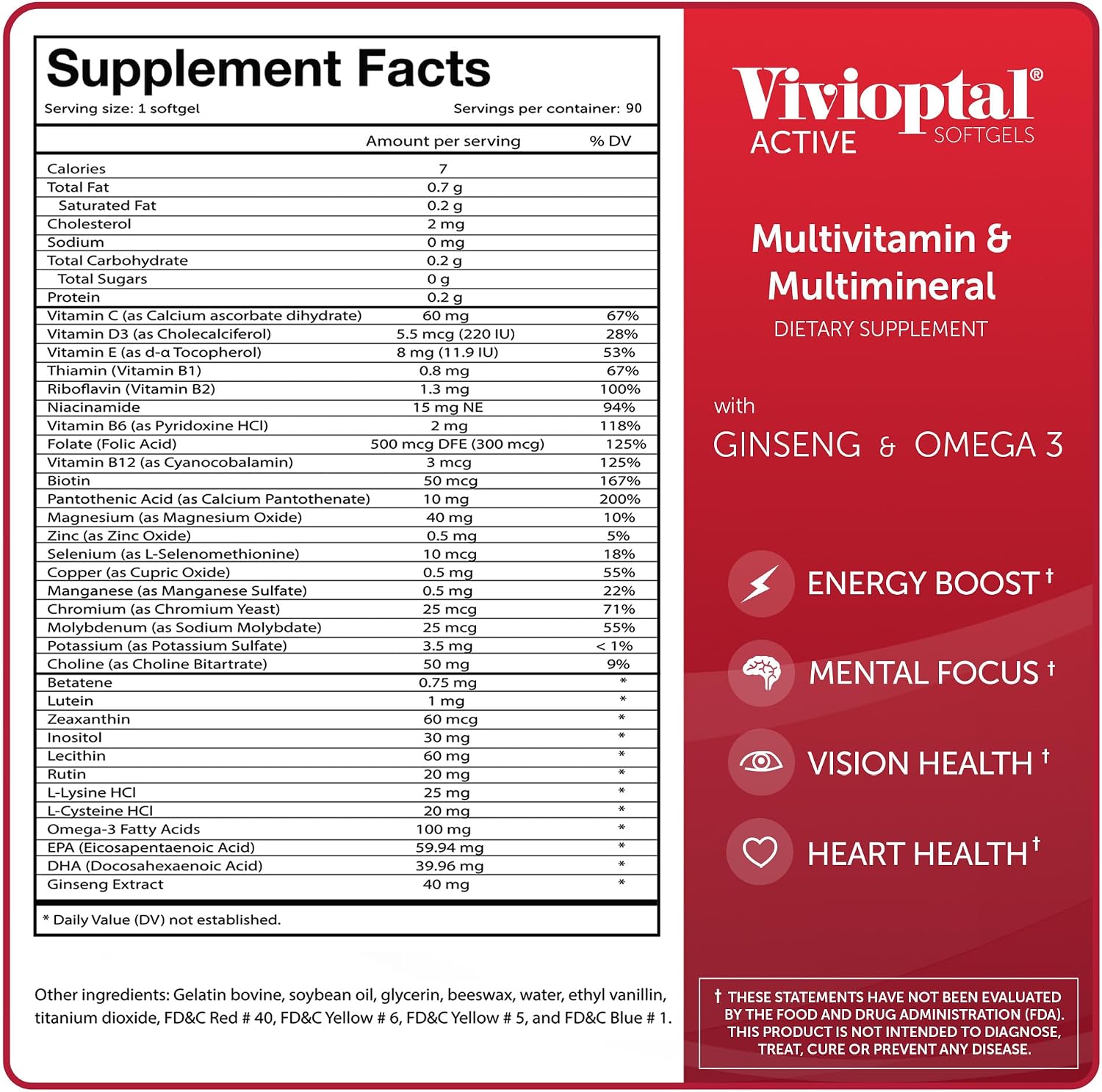 Vivioptal Active, 90 Softgels, Multivitamin with Ginseng and Omega-3, German Formula, Gluten-Free