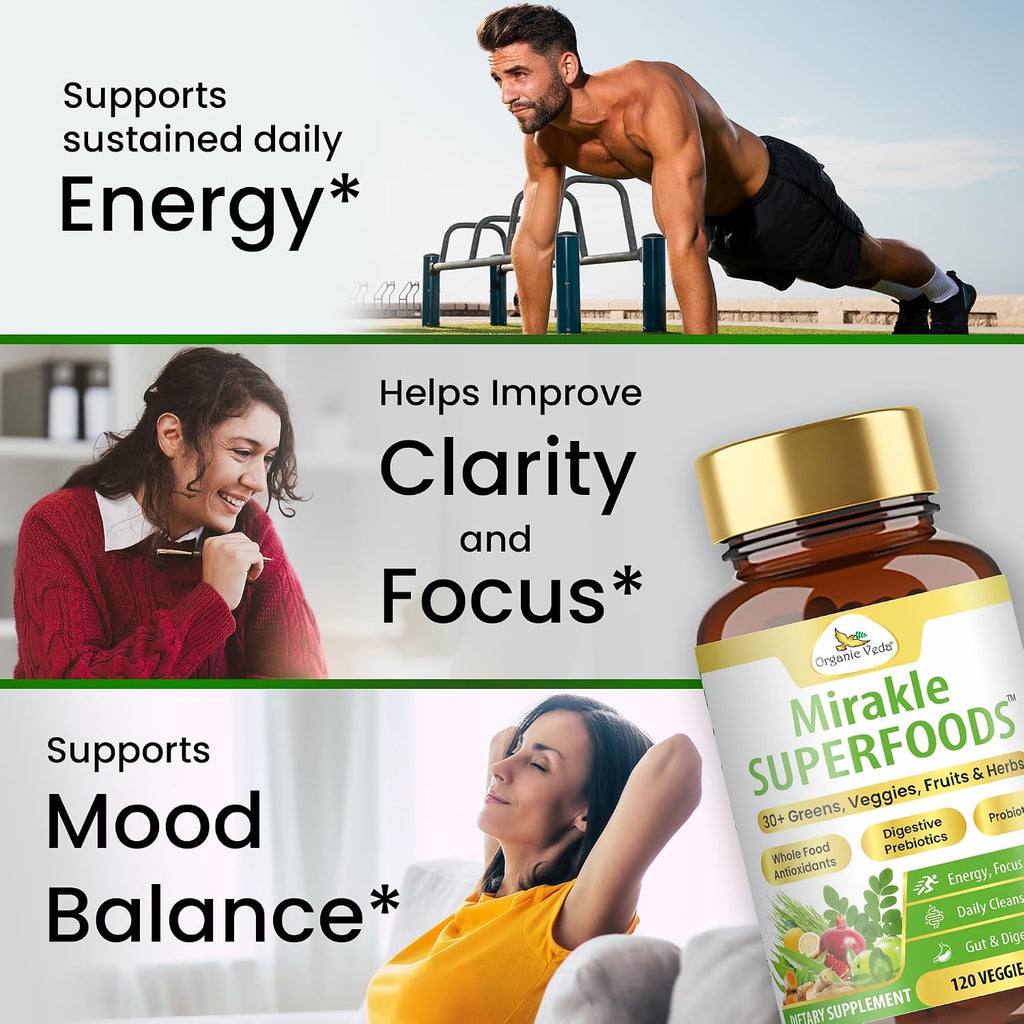 Organic Veda Mirakle Superfoods - Superalimentos Verdes con Probióticos, 40+ Nutrientes Orgánicos, Vitamina C y Resveratrol - 120 Cápsulas