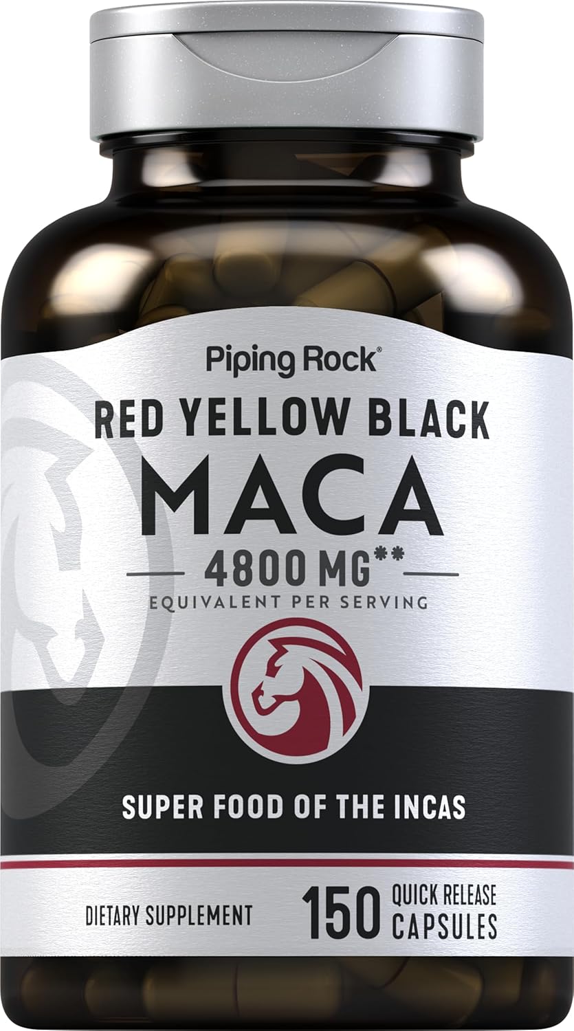 Piping Rock Cápsulas de Raíz de Maca | 150 Comprimidos | Para Hombres y Mujeres | Maca Roja, Amarilla y Negra | Sin OGM, Sin Gluten