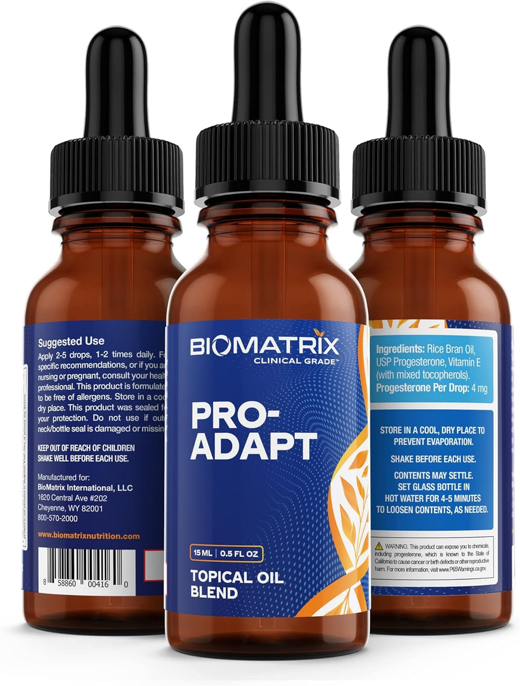 BioMatrix Progesterona, Vitamina E, Aceite de Salvado de Arroz Tópico | Envase 1/2 Lleno por Diseño | 15 ml | Pro-Adapt