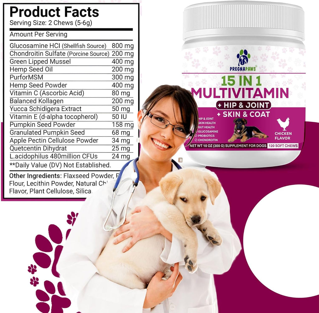 15-en-1 Multivitamínico Posparto para Perros - Recuperación, Articulaciones, Piel y Pelaje - Probióticos para Perras Lactantes - 120 Comprimidos Masticables Sabor Pollo