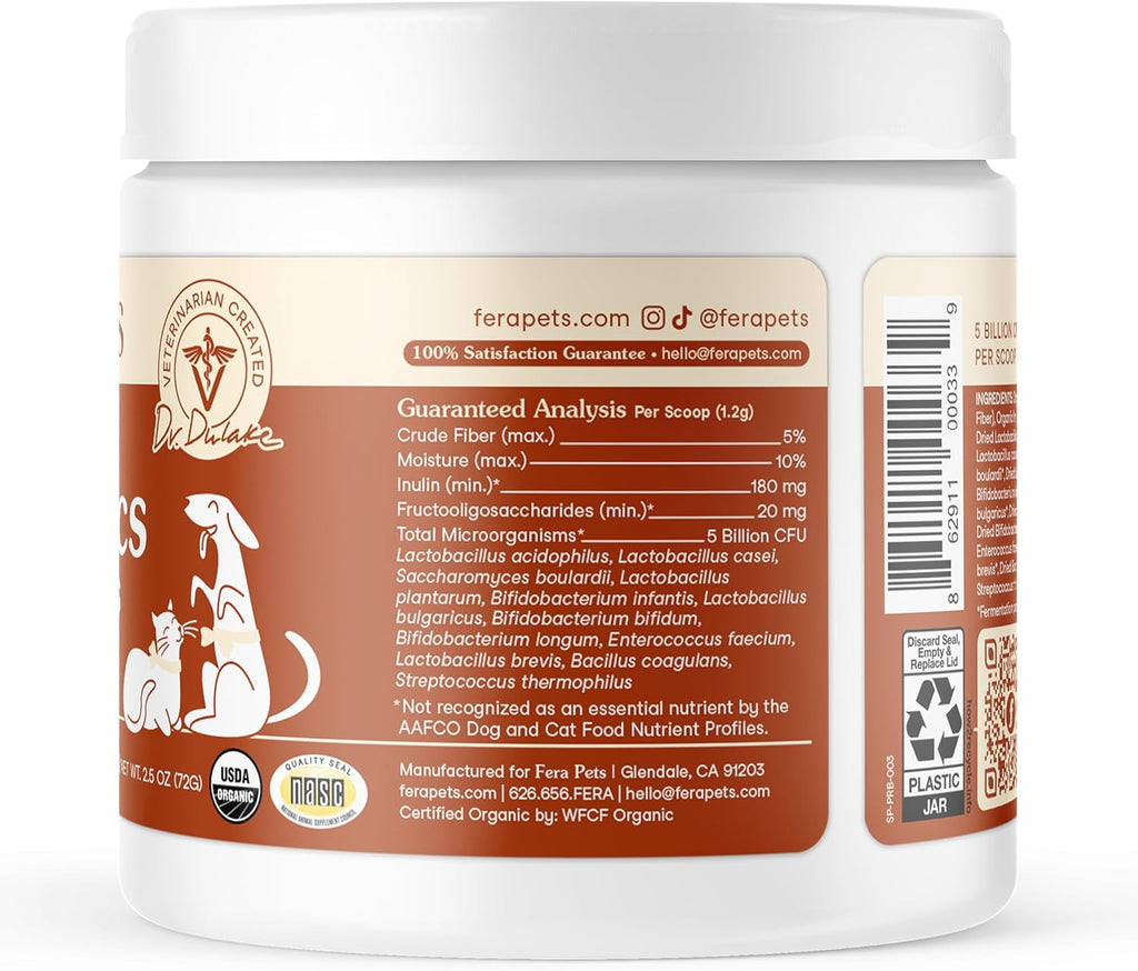 Fera Pets Probióticos Orgánicos para Perros y Gatos con Prebióticos - 12 Cepas, 5B UFC - 60 Dosis