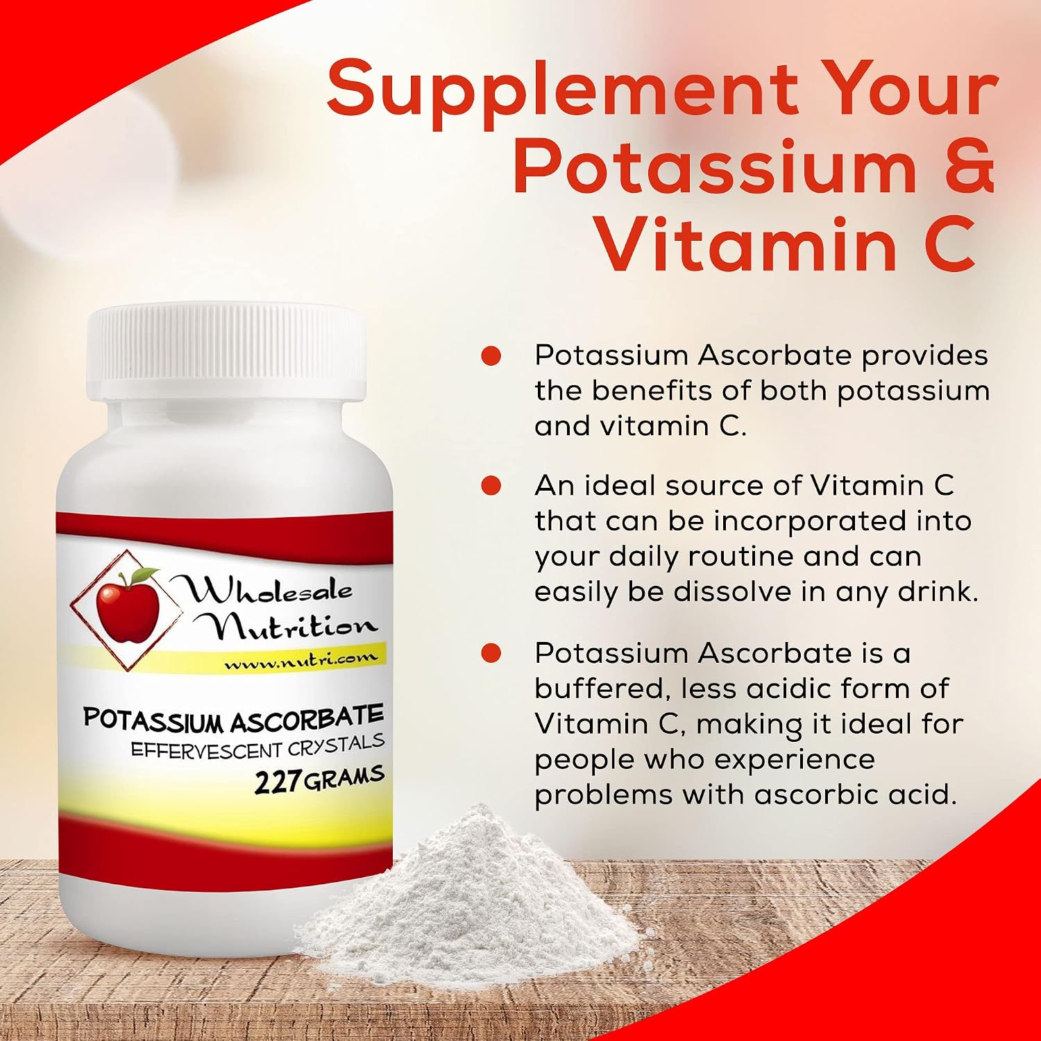 Potassium Ascorbate - Mezcla de Potasio y Vitamina C, Polvo Efervescente, 227 Gramos