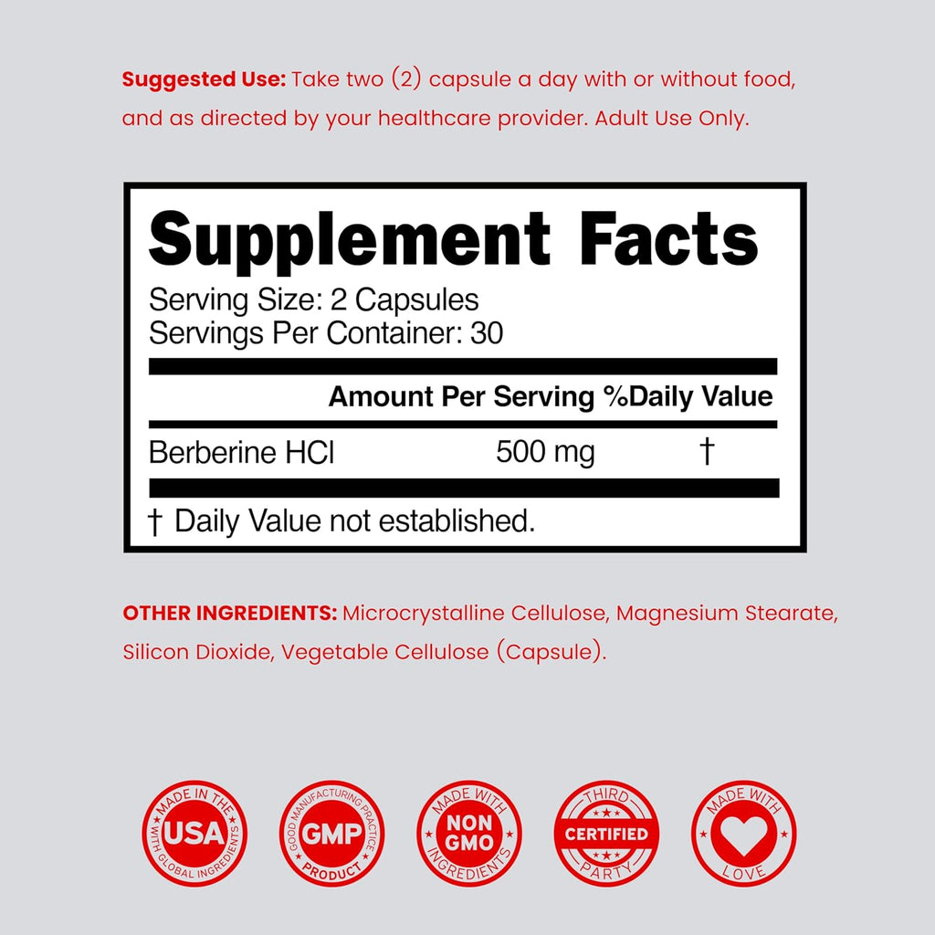Suplemento de Berberina 500mg por Dosis (60 Cápsulas) - Berberina HCL para la Salud Digestiva
