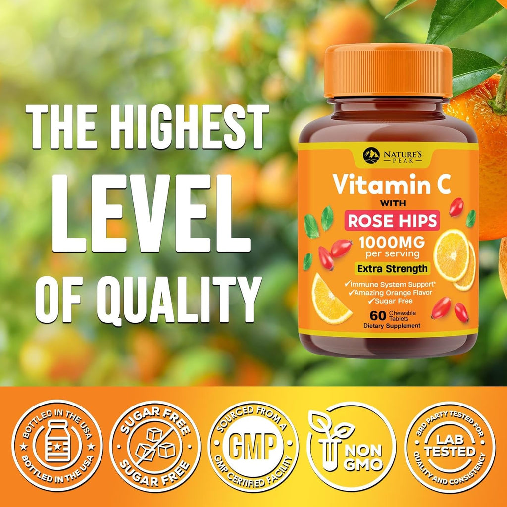 Nature's Peak Vitamina C 1000 mg con Rosa Mosqueta - 60 Comprimidos Masticables Sabor Naranja Sin Azúcar
