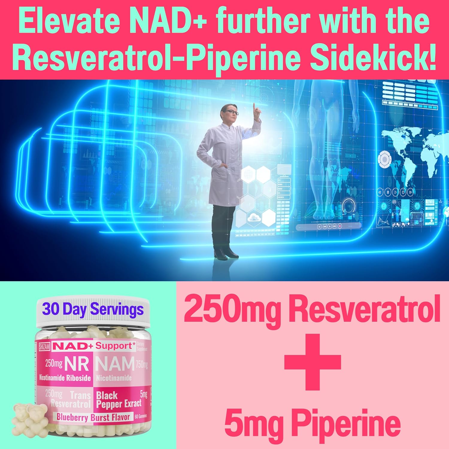 SHIZAM Gominolas de Nicotinamida Ribósido, NAM y Resveratrol, 1000mg NAD+ Booster