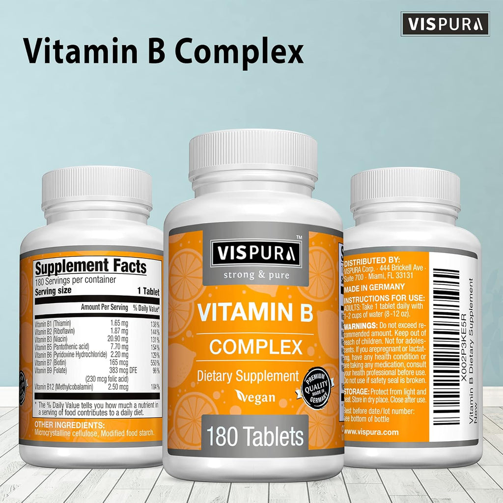 VISPURA Complejo B, 180 Comprimidos Veganos, Todas las Vitaminas B Incluyendo B12, B1, B2, B3, B5, B6, B7, B9, Ácido Fólico, para el Estrés, la Energía y un Sistema Inmunológico Saludable, Suplemento Natural Sin Aditivos
