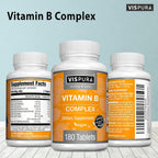 VISPURA Complejo B, 180 Comprimidos Veganos, Todas las Vitaminas B Incluyendo B12, B1, B2, B3, B5, B6, B7, B9, Ácido Fólico, para el Estrés, la Energía y un Sistema Inmunológico Saludable, Suplemento Natural Sin Aditivos
