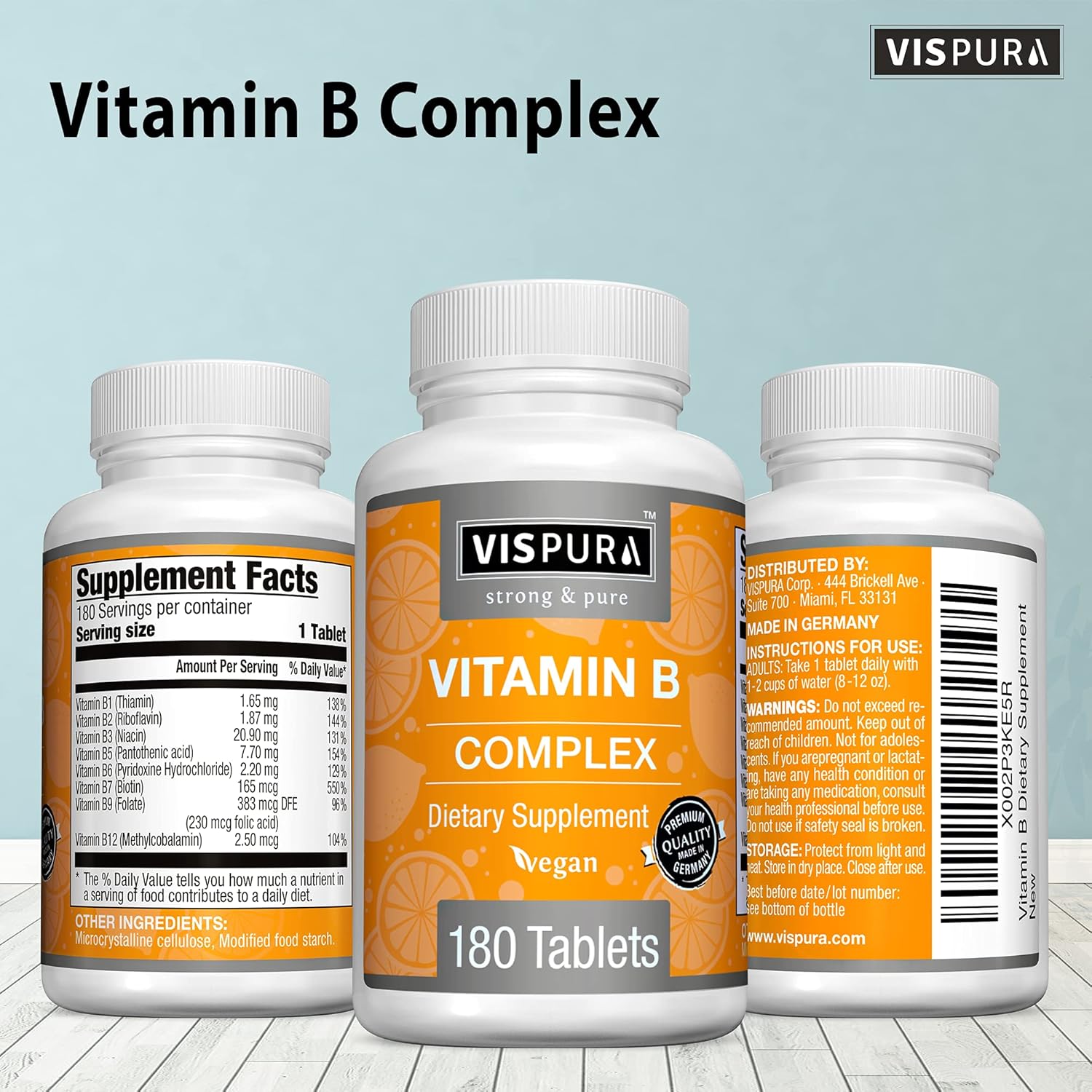 VISPURA Complejo B, 180 Comprimidos Veganos, Todas las Vitaminas B Incluyendo B12, B1, B2, B3, B5, B6, B7, B9, Ácido Fólico, para el Estrés, la Energía y un Sistema Inmunológico Saludable, Suplemento Natural Sin Aditivos