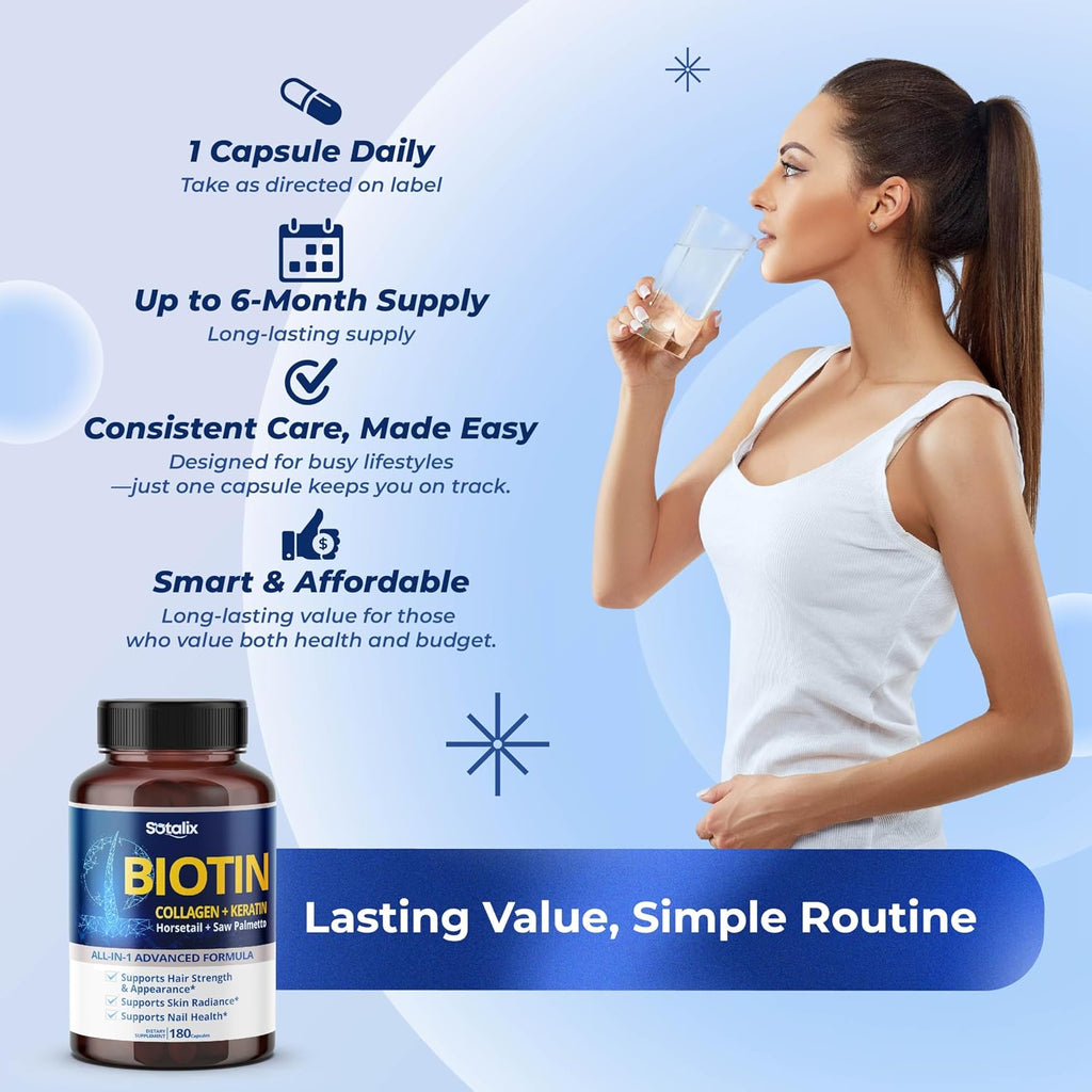 Biotina con Colágeno, Keratina, Cola de Caballo y Saw Palmetto - Cabello, Piel y Uñas Saludables (180 días, 1 envase)