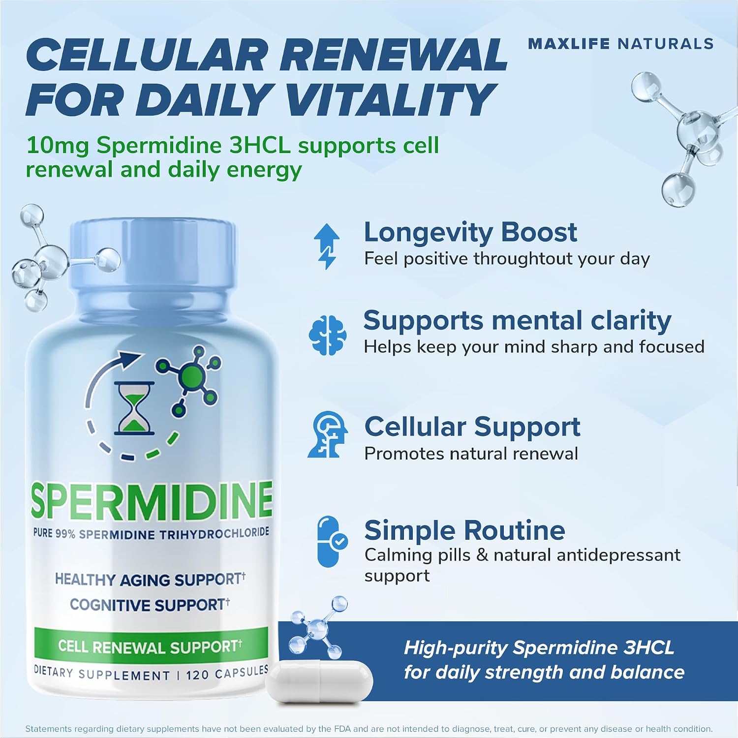 MAXLIFE NATURALS Spermidina 10mg con Trihidrocloruro 3HCL - 120 Cápsulas